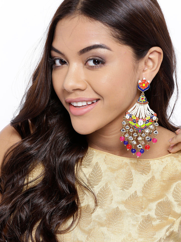Gold-Plated Kundan Studded Meenakari Drop Earrings with Beads Drop in Multicolor