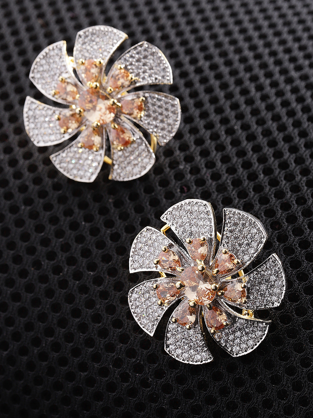 Sparkling Floral Shaped Two Tone American Diamond Stud Earring For Women And Girls