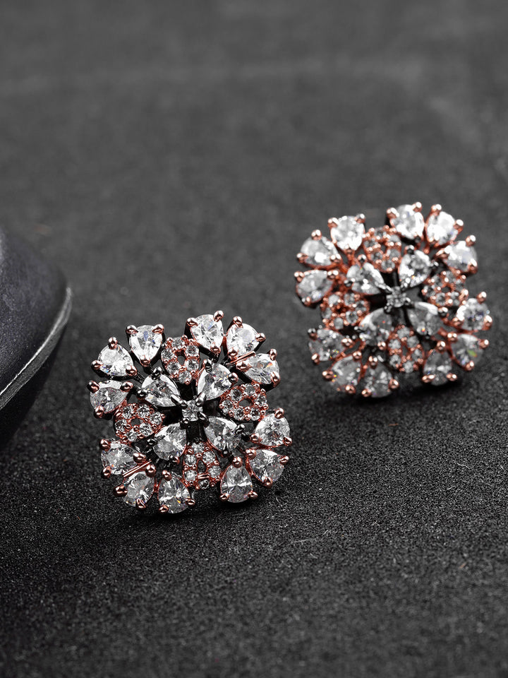 Designer Rose Gold Plated American Diamond Stud Earring For Women And Girls