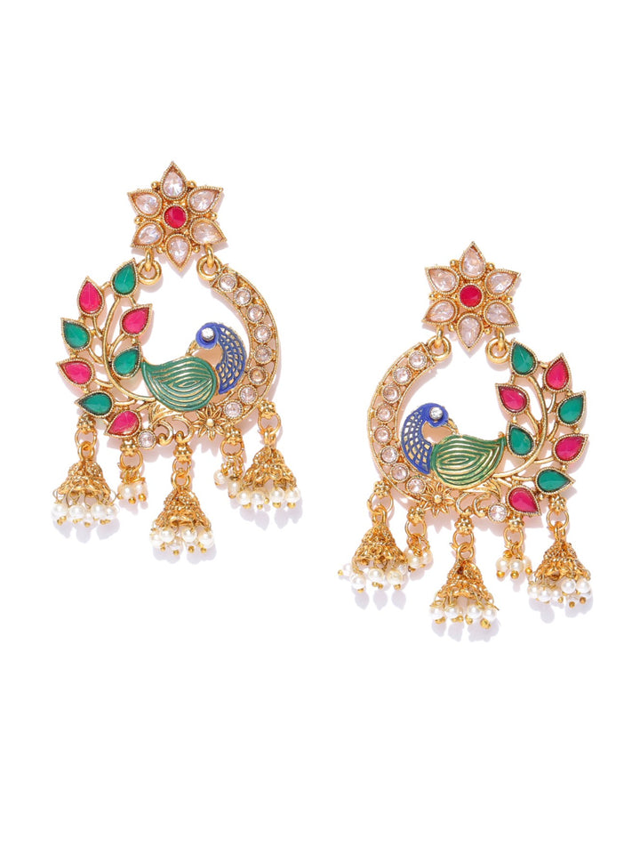 Floral Gold Plated Peacock Inspired Multicolour Stones Earrings For Women