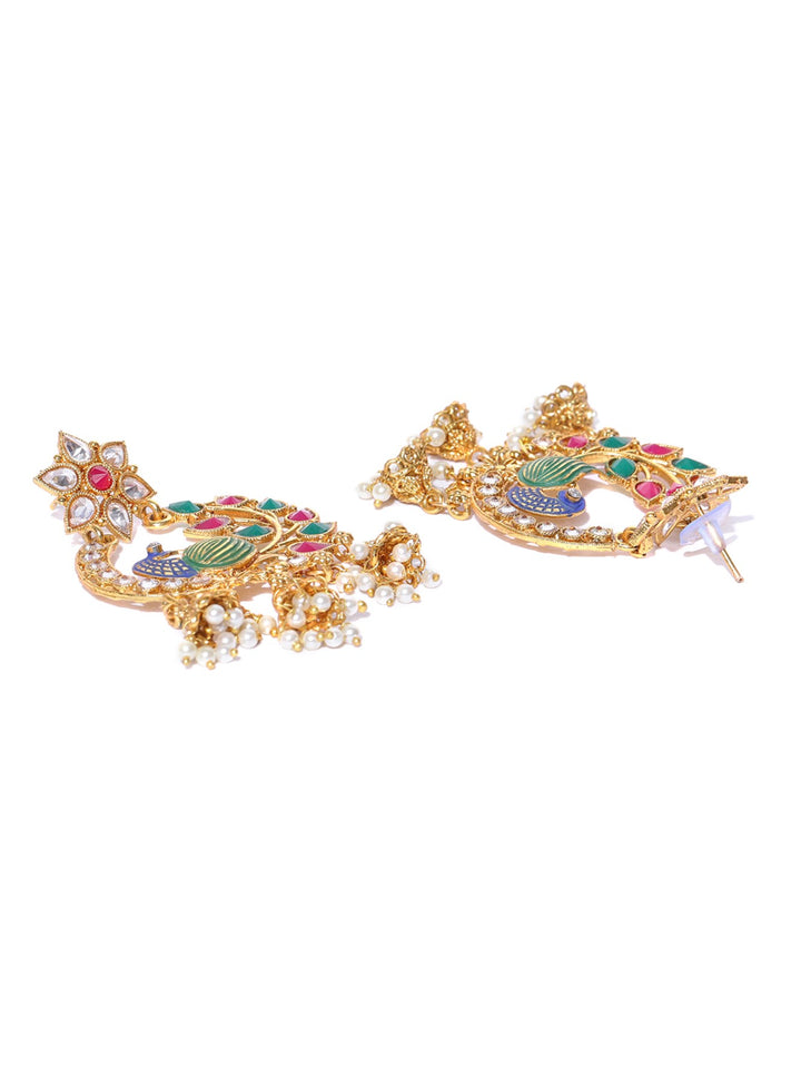 Floral Gold Plated Peacock Inspired Multicolour Stones Earrings For Women