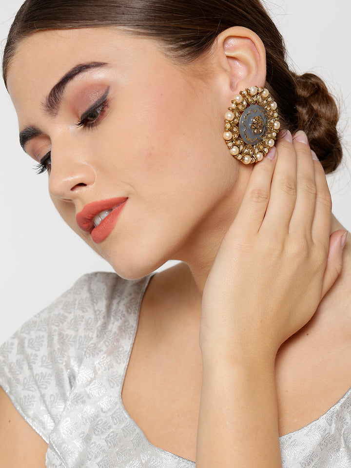 Gold-Plated Pearls And Stone Studded Round Shape Large Stud Earrings