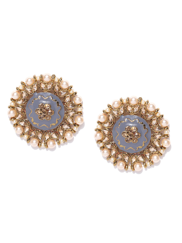 Gold-Plated Pearls And Stone Studded Round Shape Large Stud Earrings