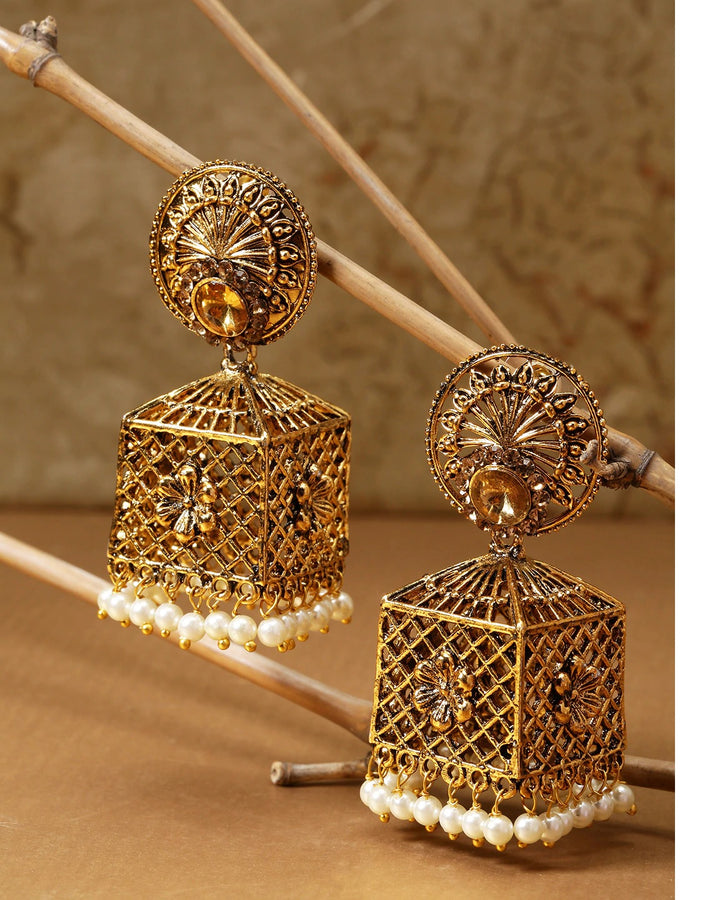 Gold-Plated Jhumka Earrings with Pearls Drop