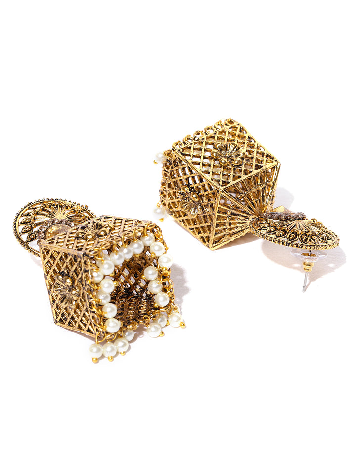 Gold-Plated Jhumka Earrings with Pearls Drop