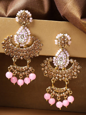 Gold-Plated Stone-Studded Light Pink Beaded Chandbalis Drop Earrings