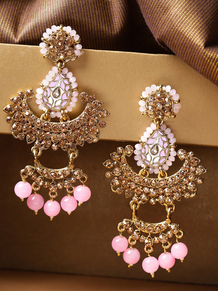 Gold-Plated Stone-Studded Light Pink Beaded Chandbalis Drop Earrings