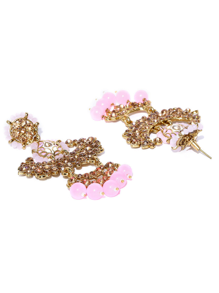 Gold-Plated Stone-Studded Light Pink Beaded Chandbalis Drop Earrings