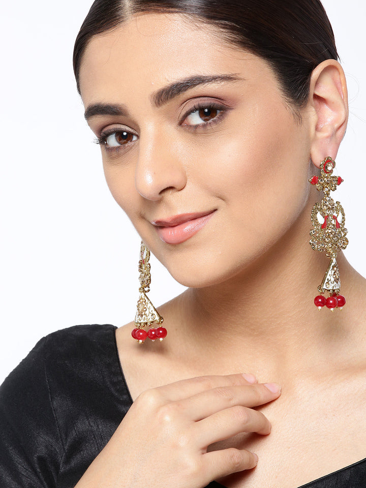 Gold-Plated Stones Studded Peacock Inspired Meenakari Drop Earrings with Red Beads Drop