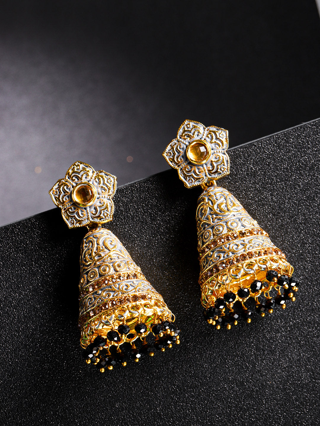 Gold-Plated Floral Patterned Jhumka Earrings with Meenakari Grey