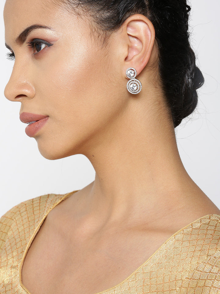 Affinity Halo-Circular Rhodium-Plated American Diamond Drop Earrings