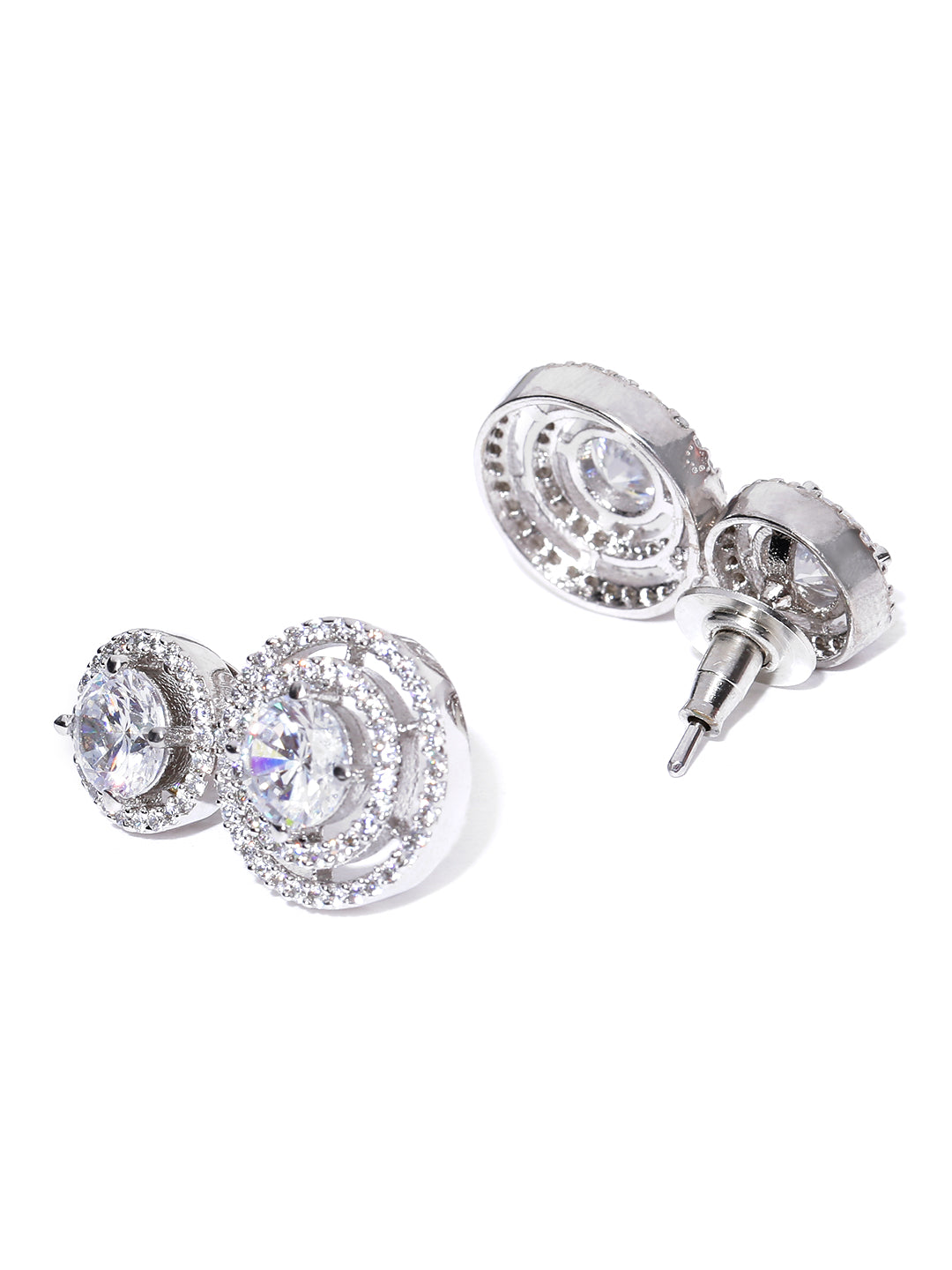 Affinity Halo-Circular Rhodium-Plated American Diamond Drop Earrings