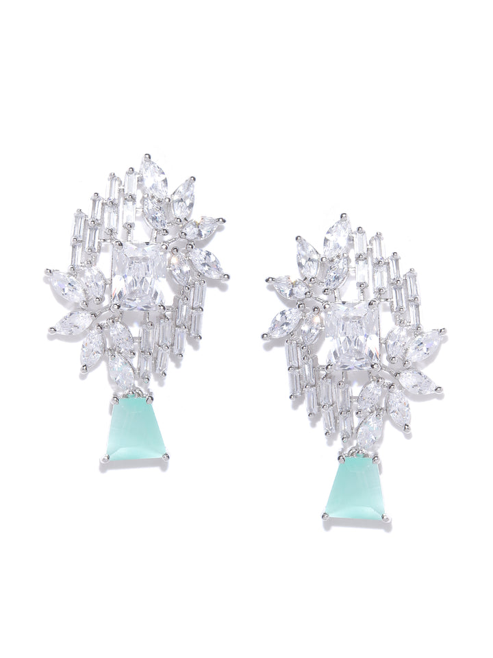 Rhodium-Plated American Diamond and Sea Green Stone Studded Drop Earrings