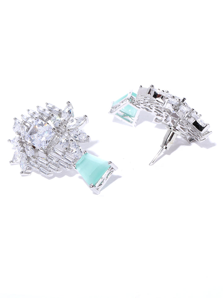 Rhodium-Plated American Diamond and Sea Green Stone Studded Drop Earrings