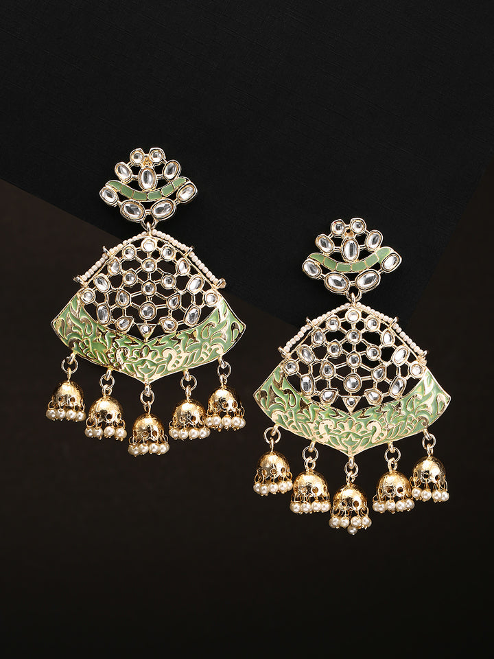 Gold-Plated Kundan Studded Meenakari Drop Earrings in Green Color with Pearls Drop