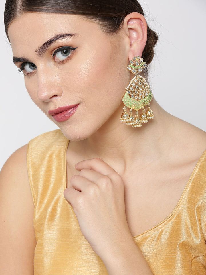 Gold-Plated Kundan Studded Meenakari Drop Earrings in Green Color with Pearls Drop