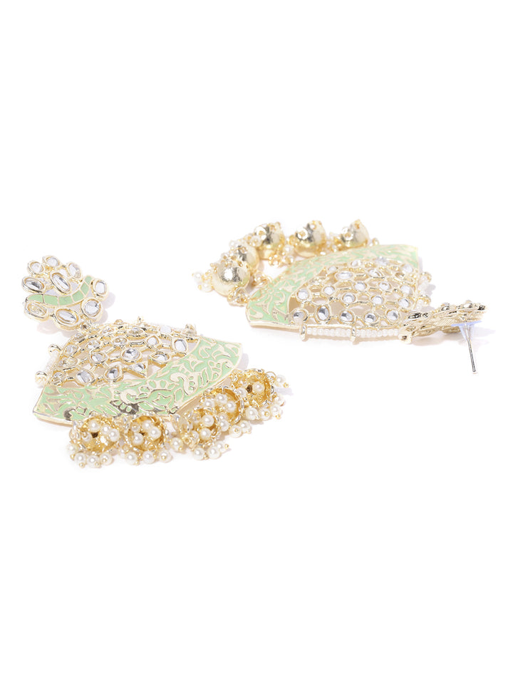 Gold-Plated Kundan Studded Meenakari Drop Earrings in Green Color with Pearls Drop