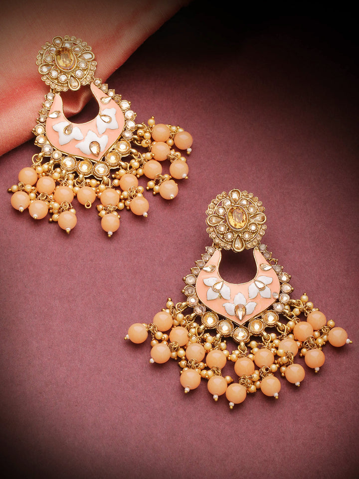 Gold-Plated Stones Studded Drop Earrings with Meenakari work and Beads Drop in Peach Color