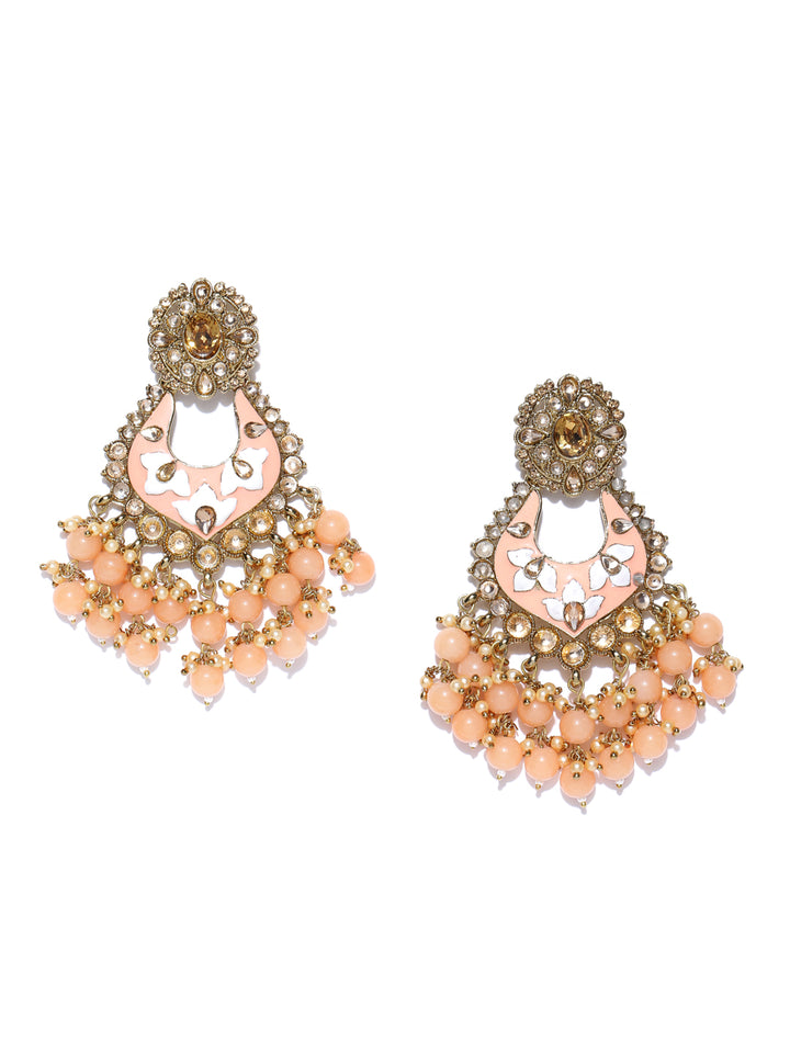Gold-Plated Stones Studded Drop Earrings with Meenakari work and Beads Drop in Peach Color