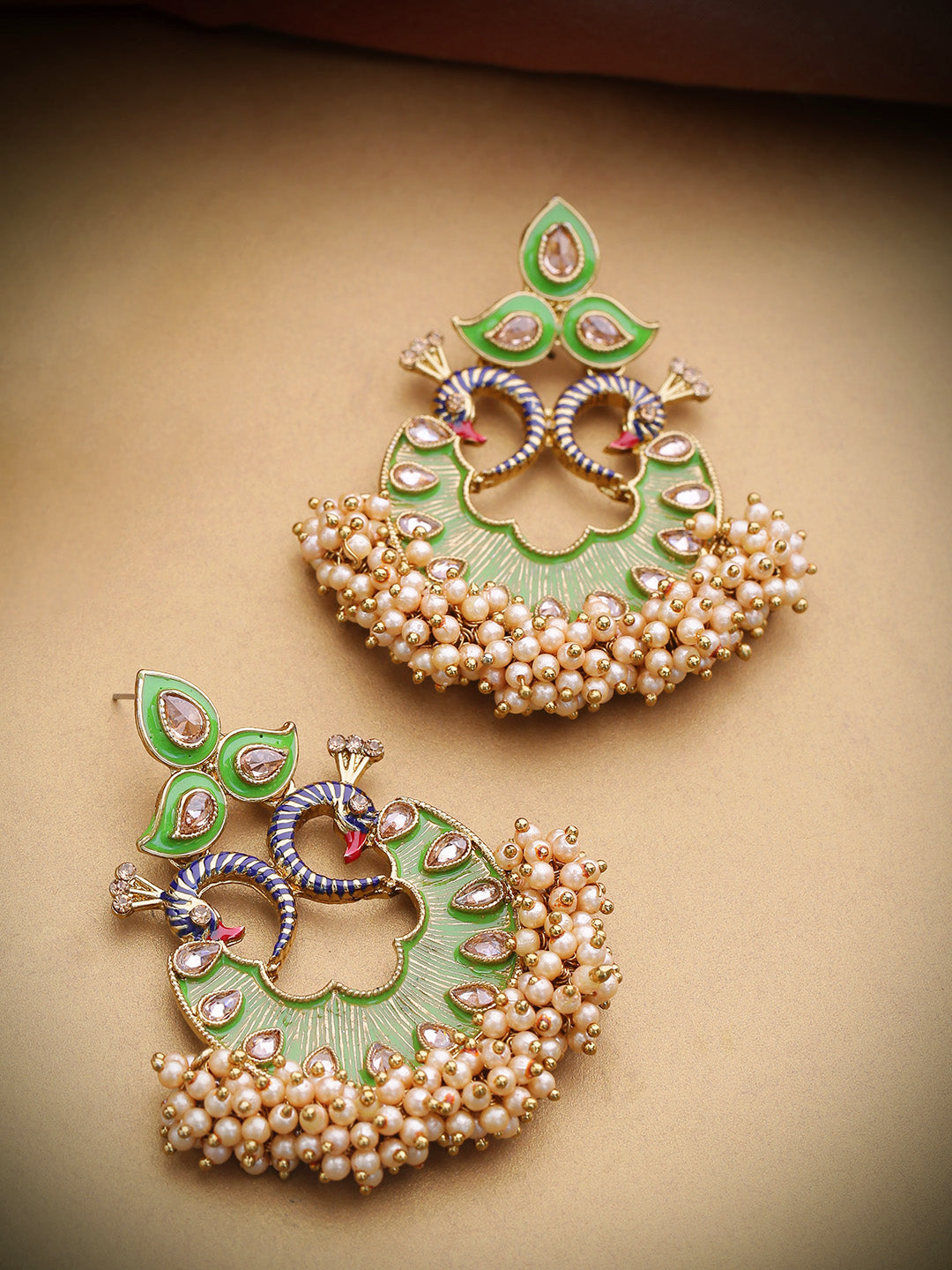 Gold-Plated Stones Studded Peacock Inspired, Meenakari Chandbali