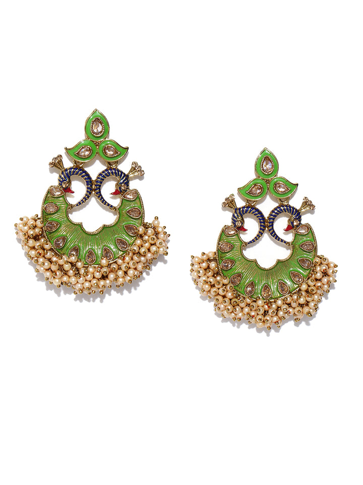 Gold-Plated Stones Studded Peacock Inspired, Meenakari Chandbali Earrings in Green Color with Pearls Drop