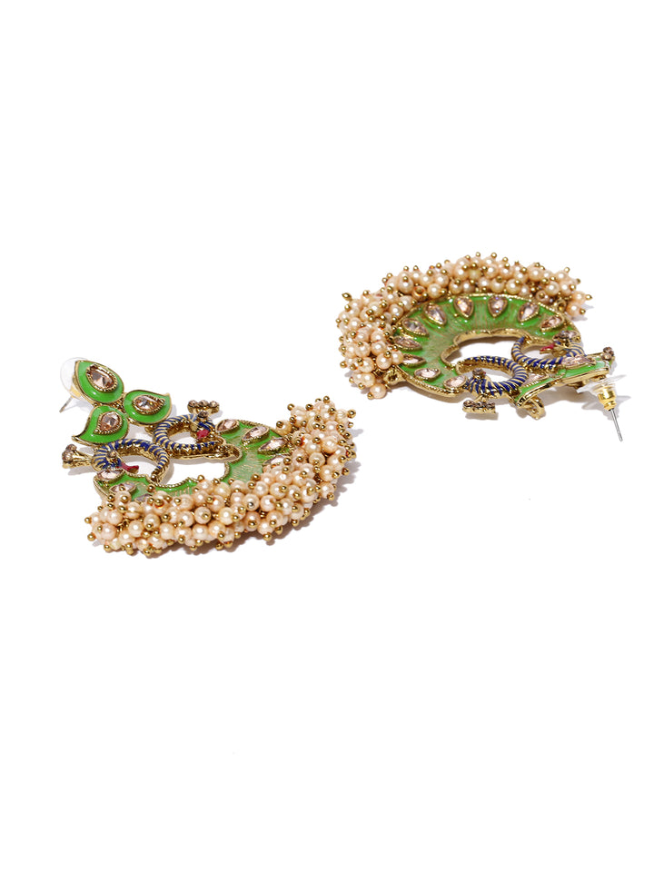 Gold-Plated Stones Studded Peacock Inspired, Meenakari Chandbali Earrings in Green Color with Pearls Drop