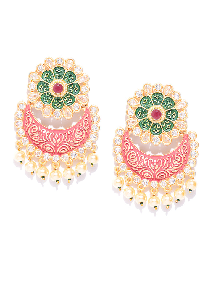 Gold-Plated Stones Studded Floral Patterned Drop Earrings with Meenakari work in Red And Green Color