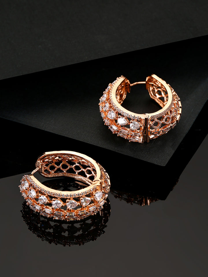 Rose Gold-Plated American Diamond Studded Small Hoop Earrings