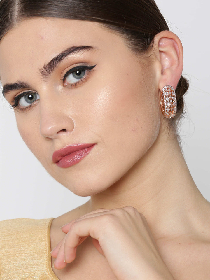 Rose Gold-Plated American Diamond Studded Small Hoop Earrings