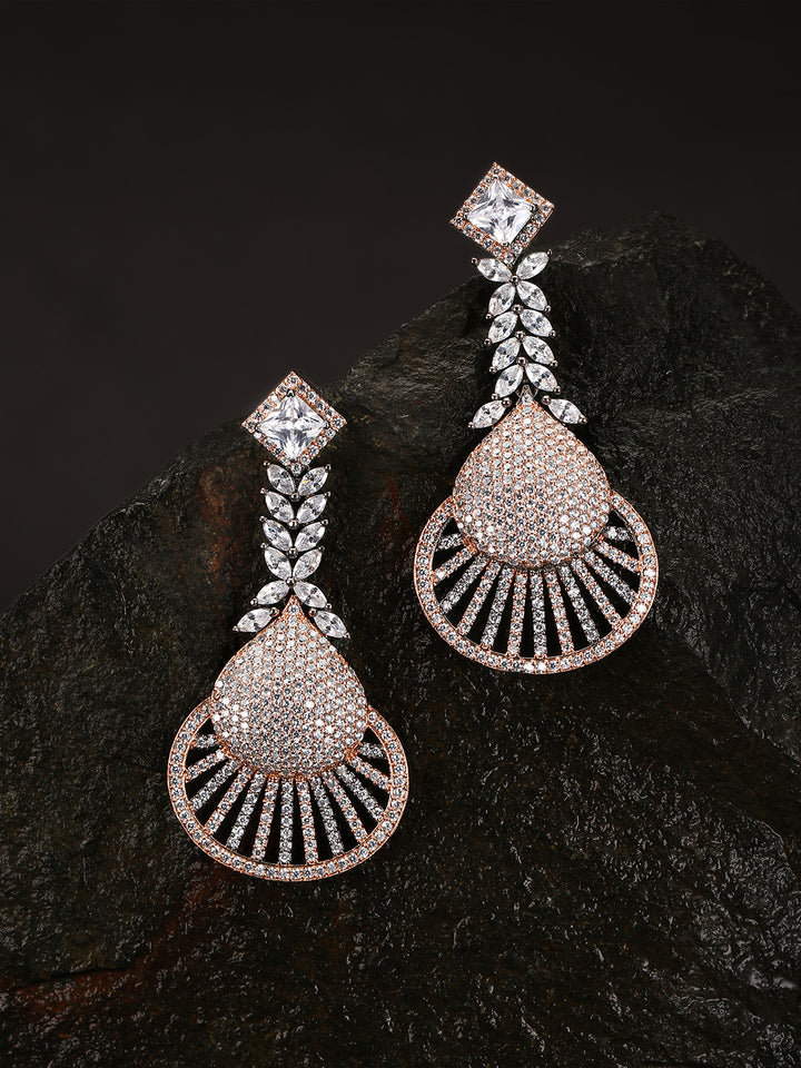 Rose Gold-Plated American Diamond Studded Drop Earrings