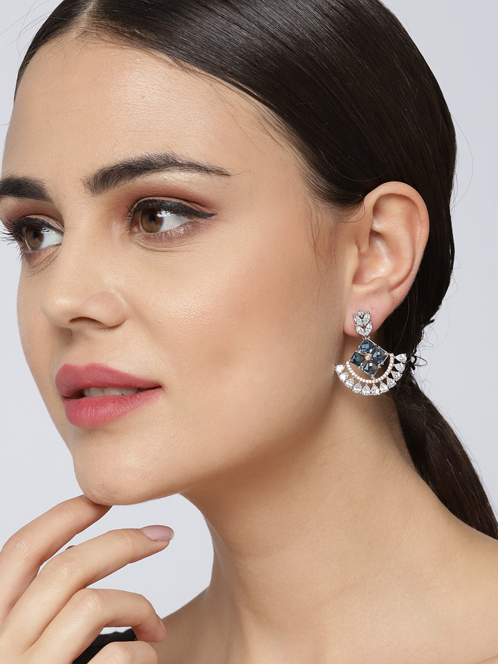 Silver-Plated American Diamond Studded Drop Earrings in Blue and White Color