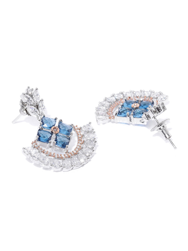 Silver-Plated American Diamond Studded Drop Earrings in Blue and White Color