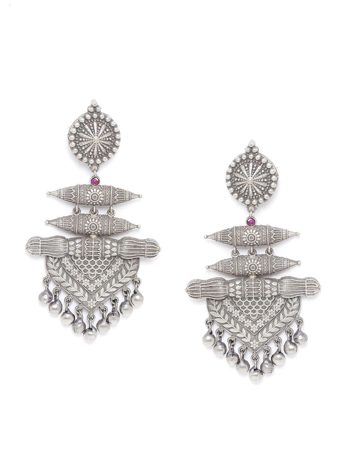 Oxidised Silver-Plated Stone-Studded Classic Drop Earrings