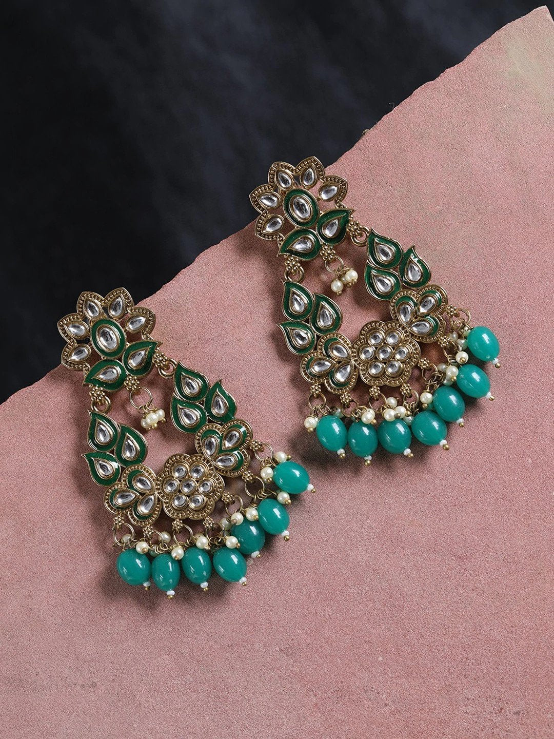 Gold-Plated Kundan Studded Drop Earrings With Green Beads – Priyaasi