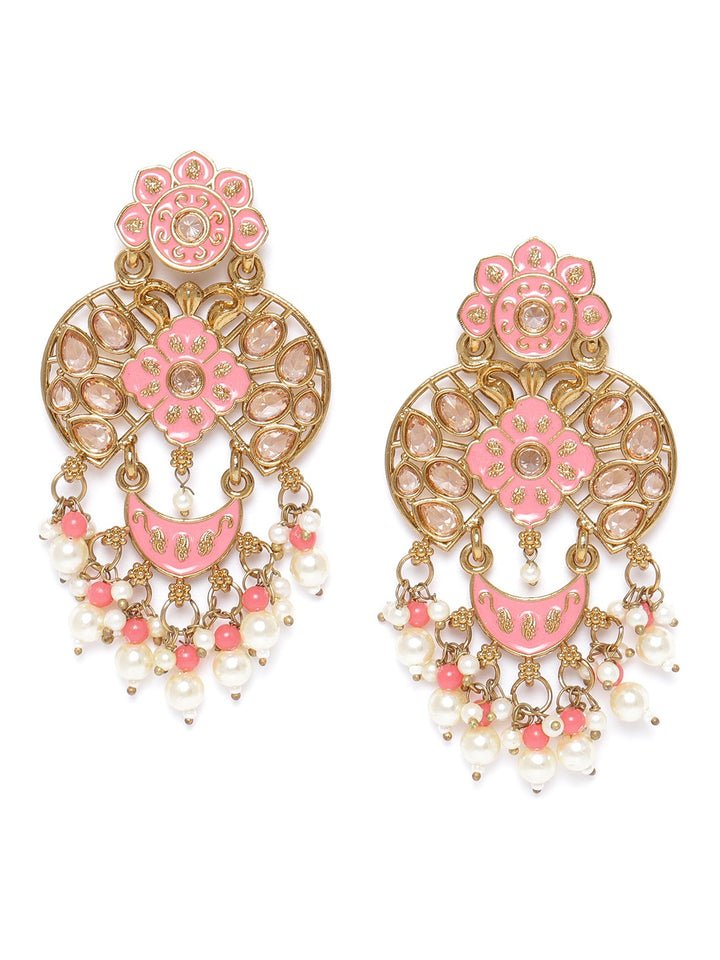 Gold-Plated Stone Studded Drop Earrings with Pearl Drop in Peach Color