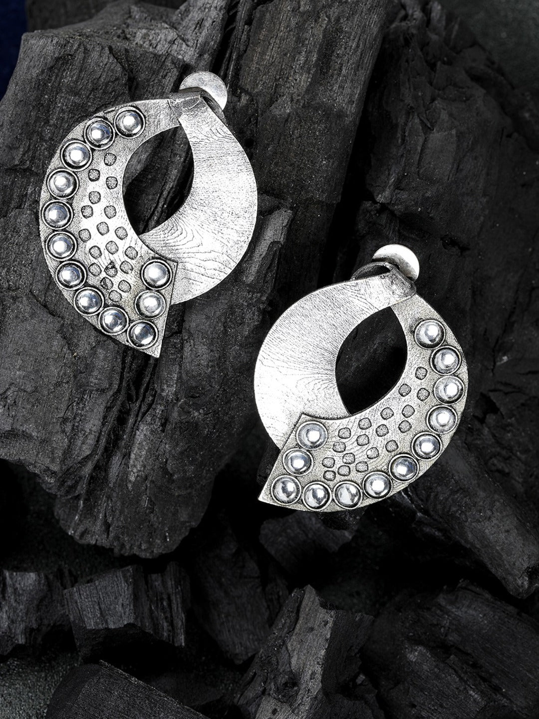 Oxidised Silver-Plated Stone studded Drop earrings