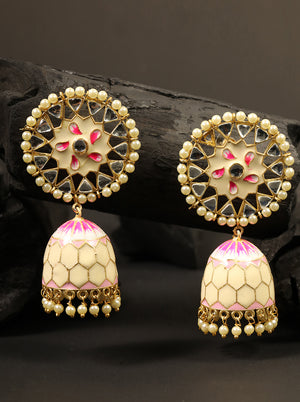 Gold-Plated Kundan and beads Studded Handcrafted Jhumka with Peal drop