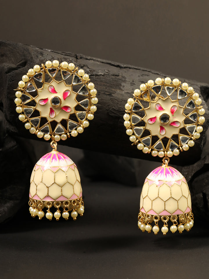 Gold-Plated Kundan and beads Studded Handcrafted Jhumka with Peal drop