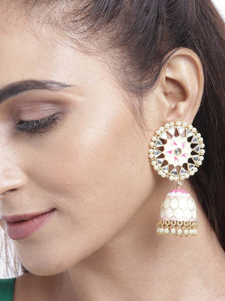 Gold-Plated Kundan and beads Studded Handcrafted Jhumka with Peal drop