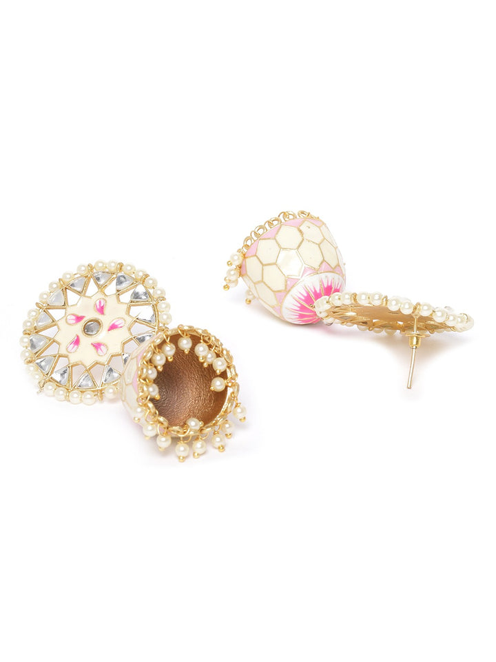 Gold-Plated Kundan and beads Studded Handcrafted Jhumka with Peal drop