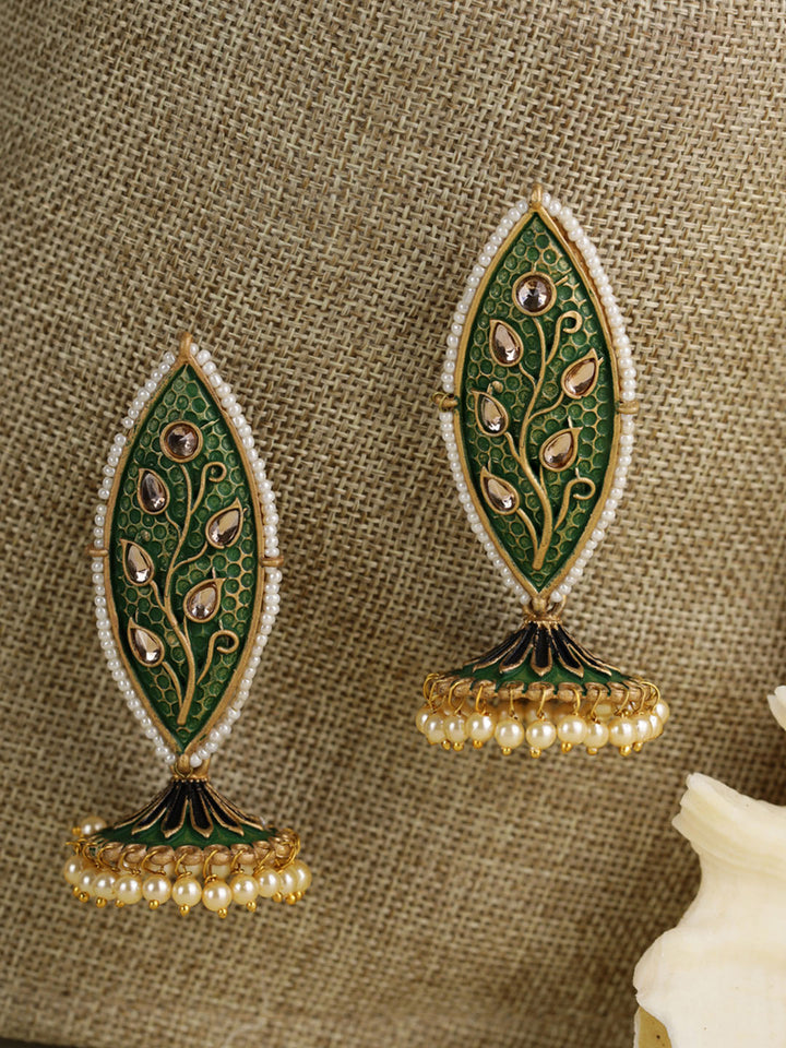 Kundan Studded Beaded Green Drop Earring