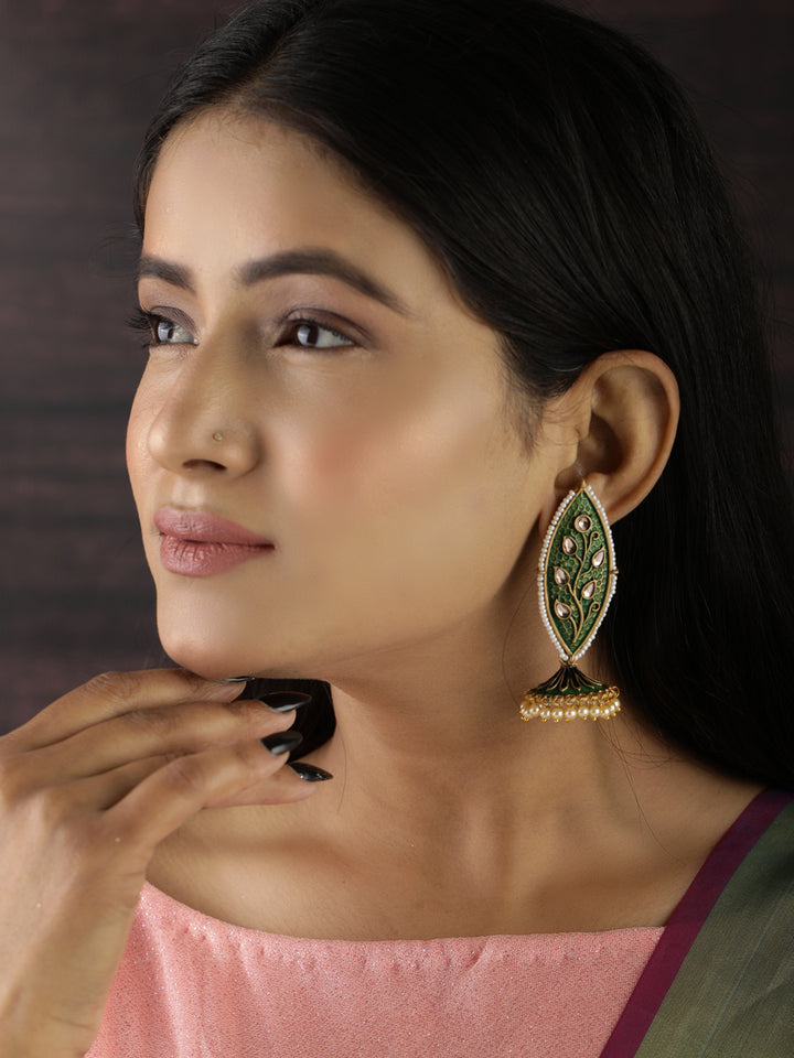 Kundan Studded Beaded Green Drop Earring