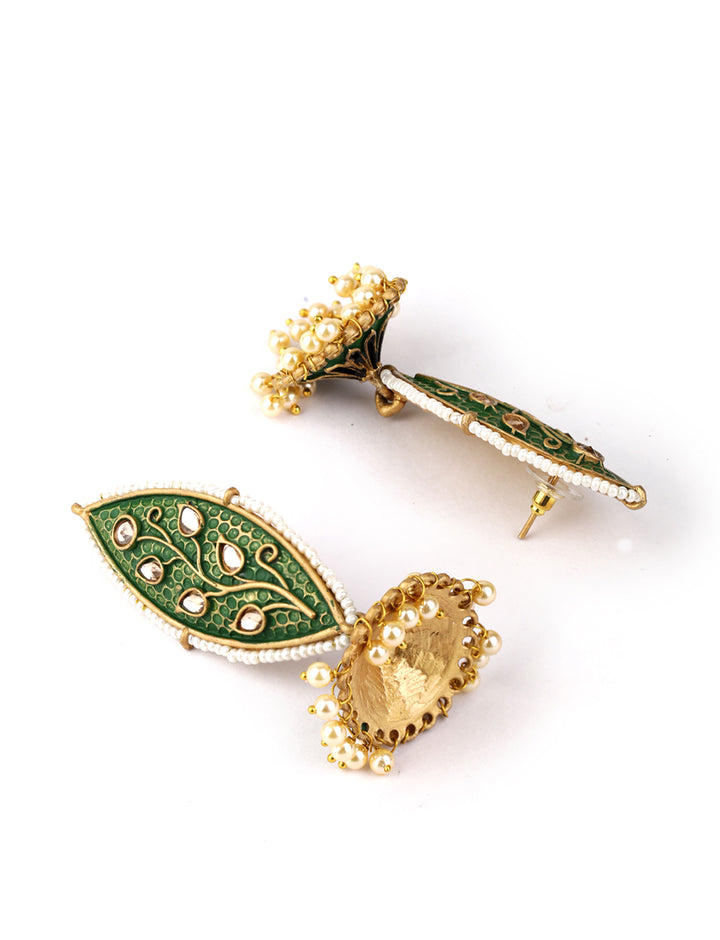 Kundan Studded Beaded Green Drop Earring