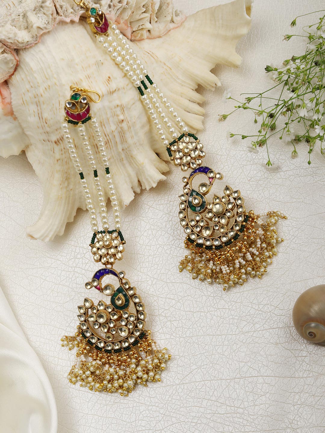 Beads Pachi Kundan Gold Plated Chained Peacock Jhumka Earring