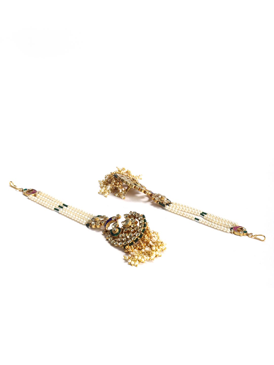 Beads Pachi Kundan Gold Plated Chained Peacock Jhumka Earring