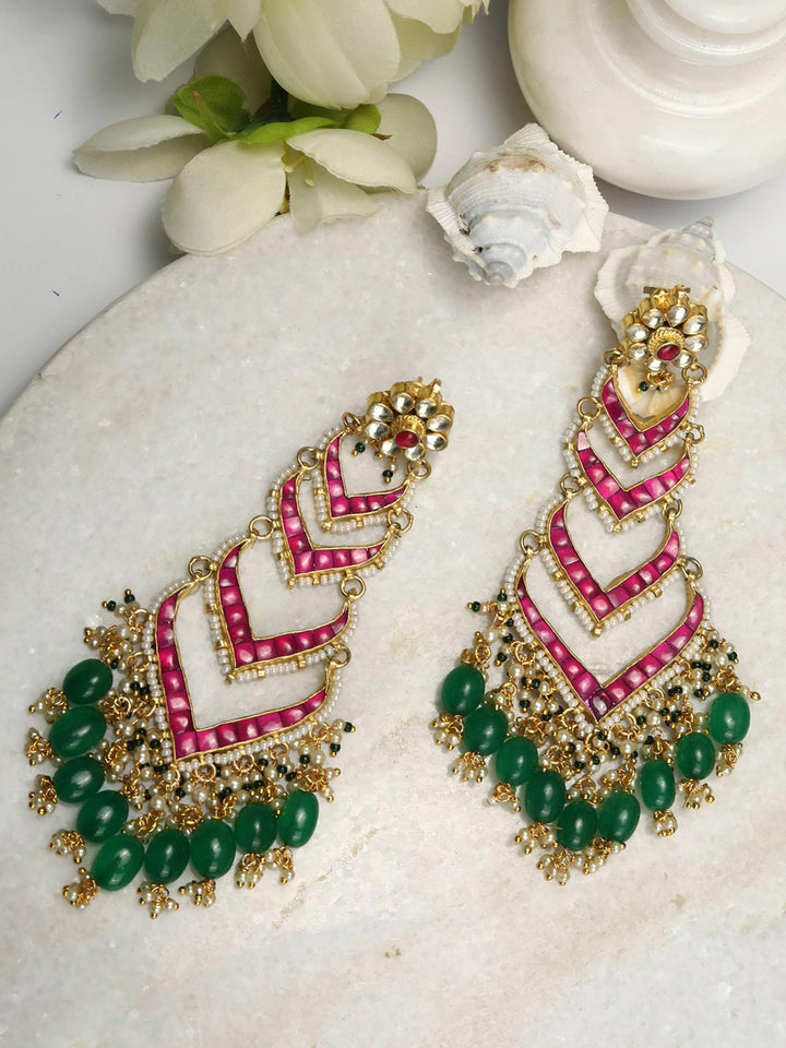 Contemporary Drop - Ruby Emerald Beads Pachi Kundan Gold Plated Earrings