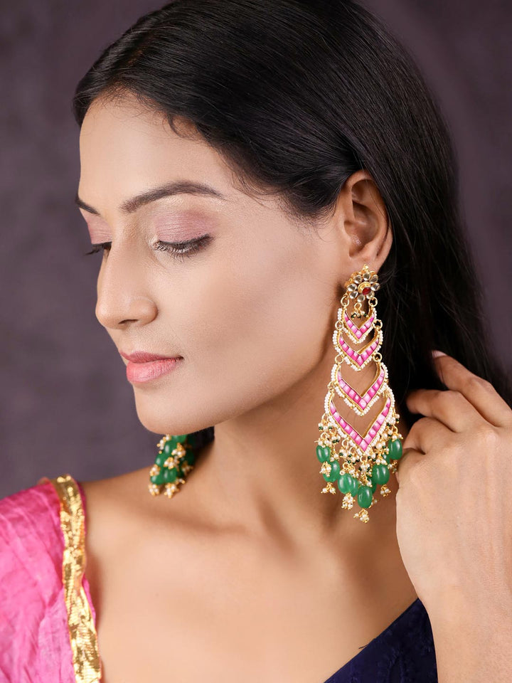 Contemporary Drop - Ruby Emerald Beads Pachi Kundan Gold Plated Earrings