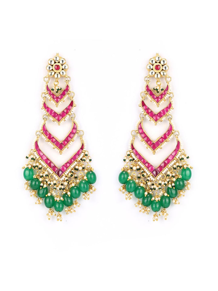 Contemporary Drop - Ruby Emerald Beads Pachi Kundan Gold Plated Earrings
