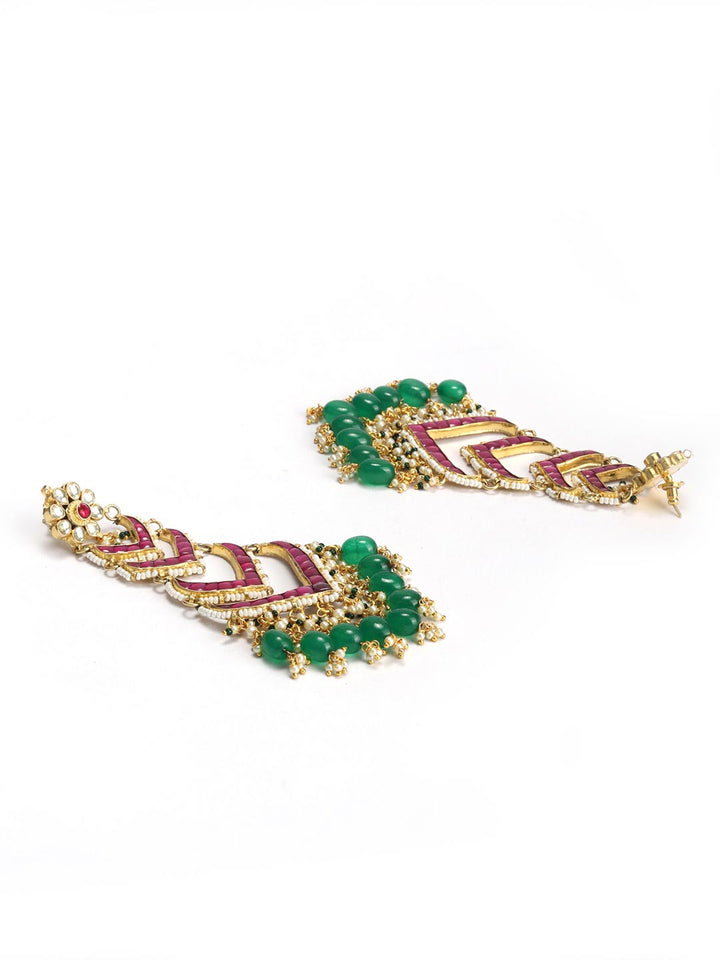Contemporary Drop - Ruby Emerald Beads Pachi Kundan Gold Plated Earrings