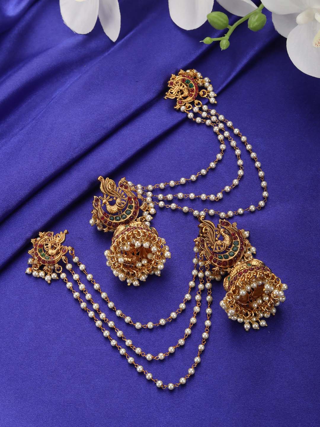 Guroor Peacock Kemp Stone Beads Gold Plated Chain Jhumka Earrings